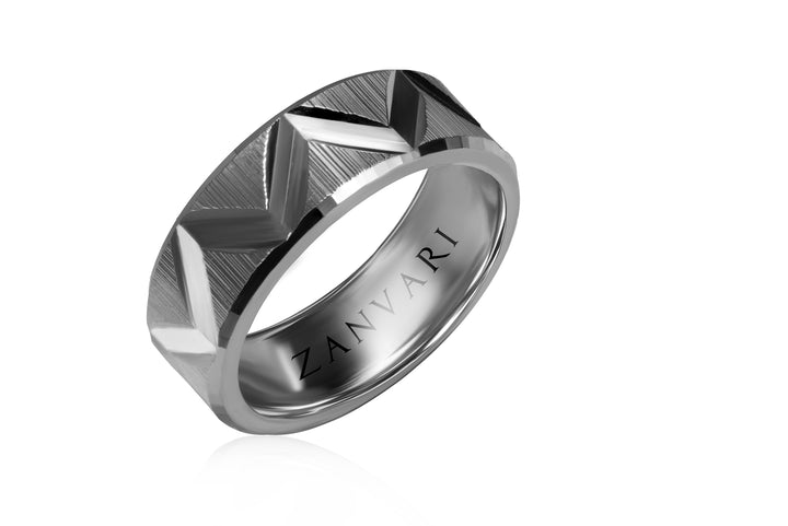 Silver ring with geometric design on a white background, featuring the brand 'Zanvari'.