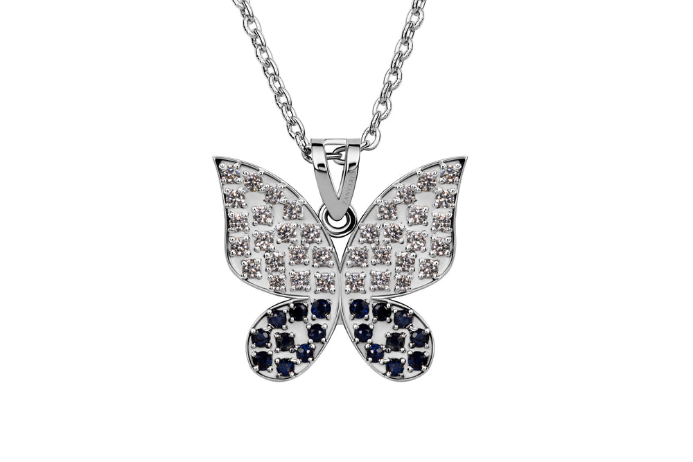 A butterfly inspired necklace in 925 silver with an option of natural sapphire stone comes with a chain of silver