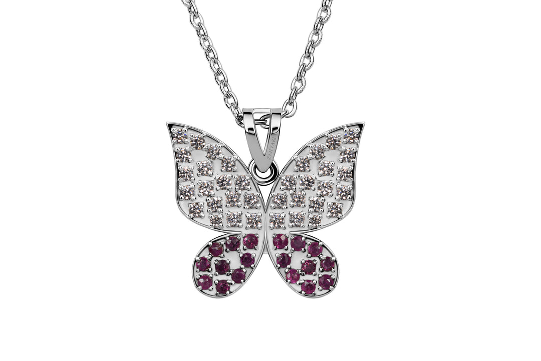 A butterfly inspired necklace in 925 silver with an option of natural ruby stone comes with a chain of silver