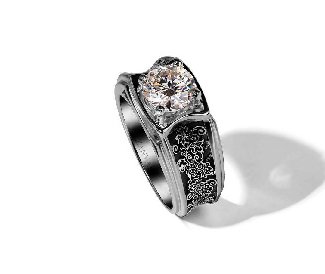 Silvered Petal  Moissanite Ring | Sterling Silver 925 | White Gold-Plated | Engraved Flowers