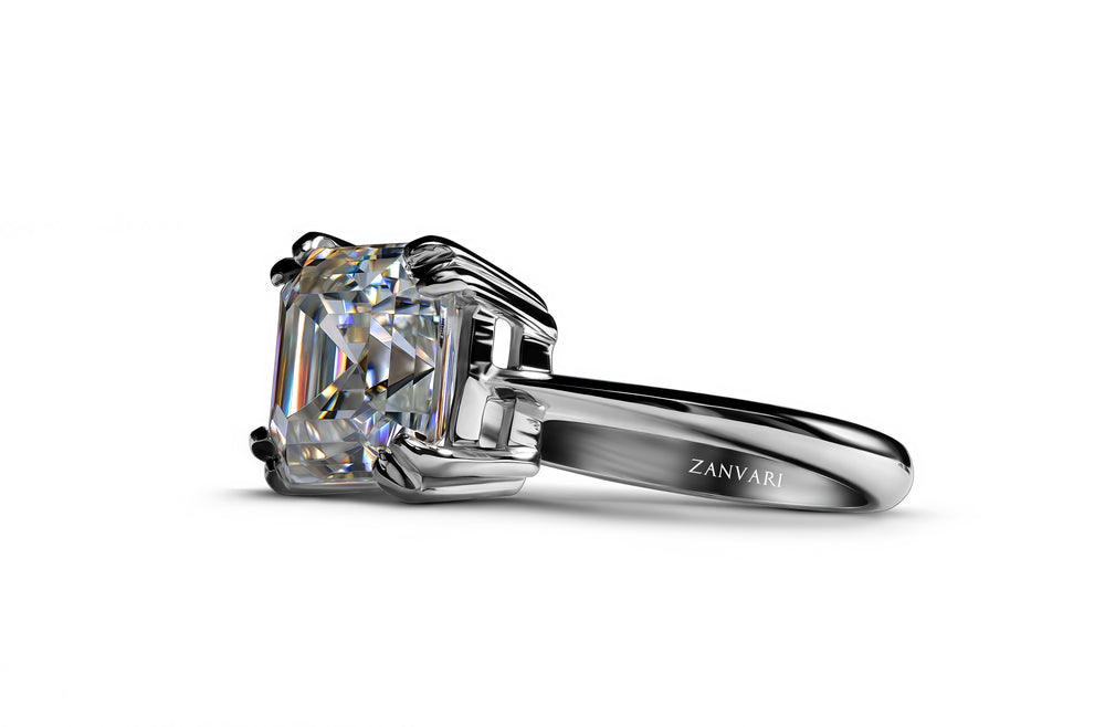 The side view of Asscher cut moissanite ring in 925 silver for women