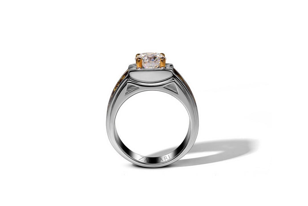side view of male's moissanite 2 carat ring in 925 silver with white gold and gold plating
