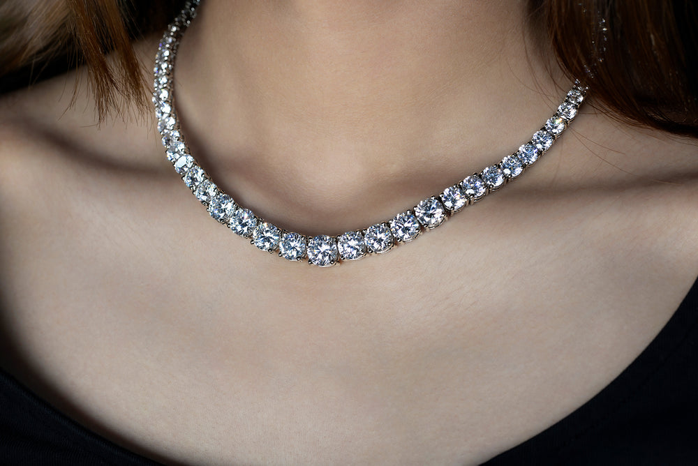 A model elegantly wearing 925 silver moissanite diamond substitute iced out necklace