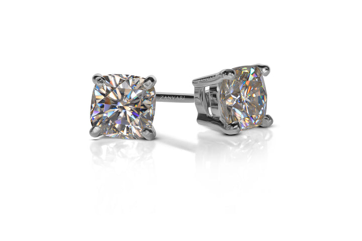 Handmade Cushion Cut Moissanite Stud Earrings in Sterling 925 Silver | Zanvari Gems & Jewelry