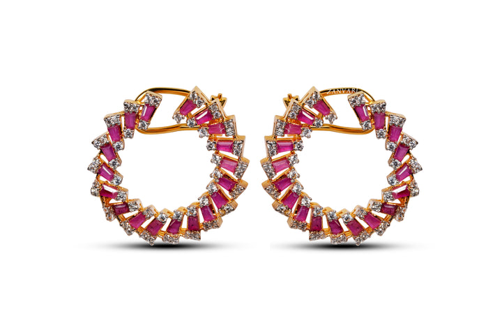 A pair of gold-plated hoop earrings adorned with vibrant pink and white lab-made stones and cubic zirconia accents.
