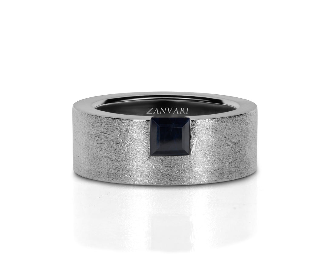 Natural Blue Sapphire square cut ring in 925 silver with matte finish