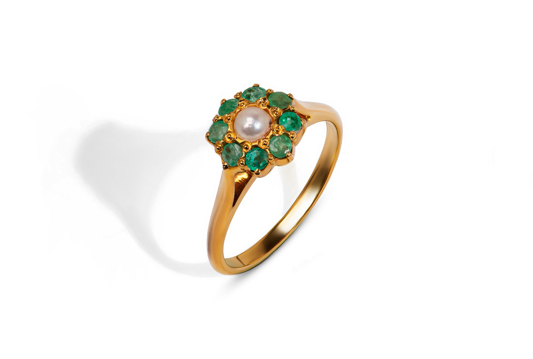 21k Gold Flower-Shaped Ring with Emerald Petals and Organic Pearl Center