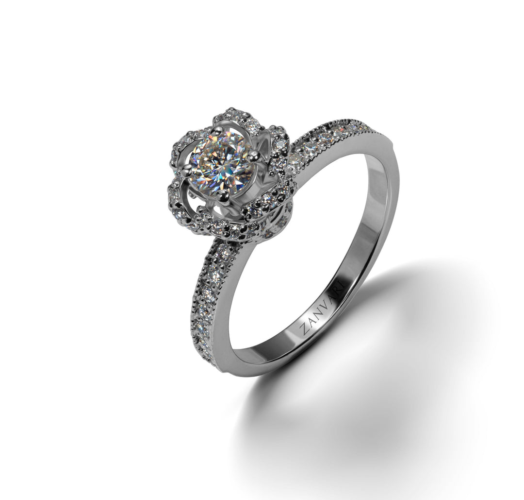 Floral moissanite ring in 925 silver white gold plated by zanvari fine silver jewelry