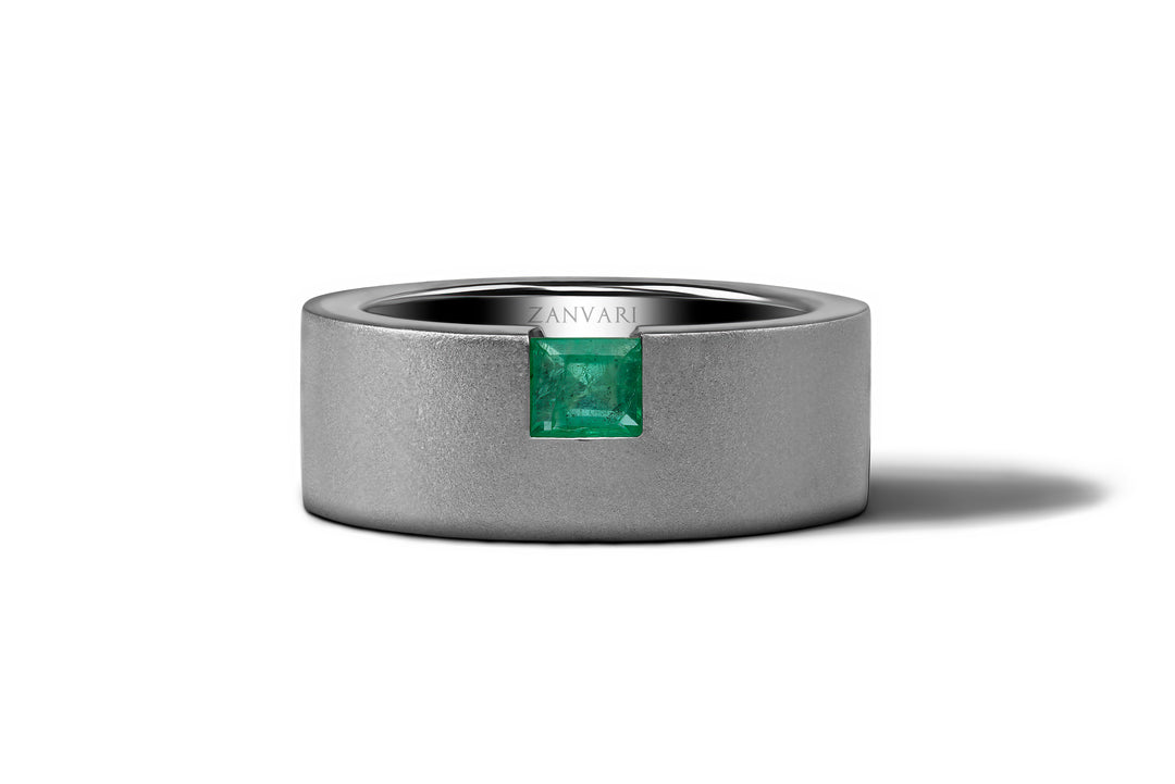 Natural Square Emerald Men's Sterling Silver 925 Ring