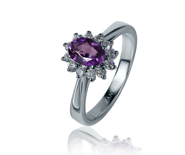 Discover the enchanting amethyst ring featuring a radiant 0.59–0.89 CT oval-cut stone, accented by a halo of moissanites. Elegance meets craftsmanship in every detail.
