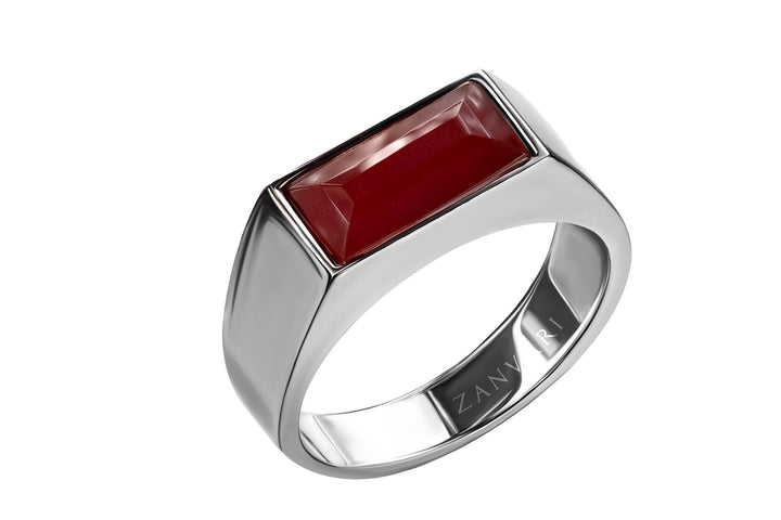 Handcrafted 925 silver red Aqeeq ring for men with rectangular gemstone by Zanvari.