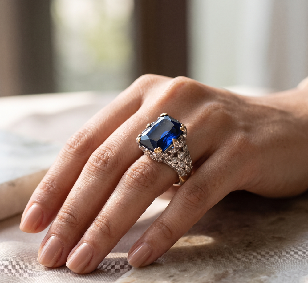 A close-up of a hand wearing an ornate ring with a large rectangular blue gemstone and a silver-toned pavé band, resting on a marble surface.