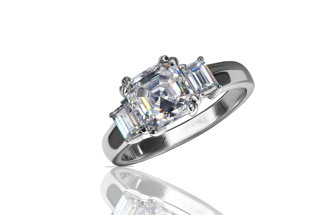 Asscher cut wedding ring in rhodium-plated 925 silver with D-VVS1 moissanite showing hall-of-mirrors facets