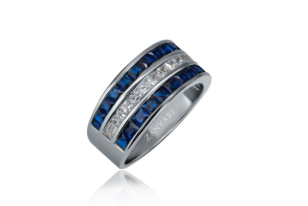 Unisex 925 sterling silver ring with triple-row channel setting, featuring lab-made blue sapphires and white cubic zirconia — handcrafted by Zanvari