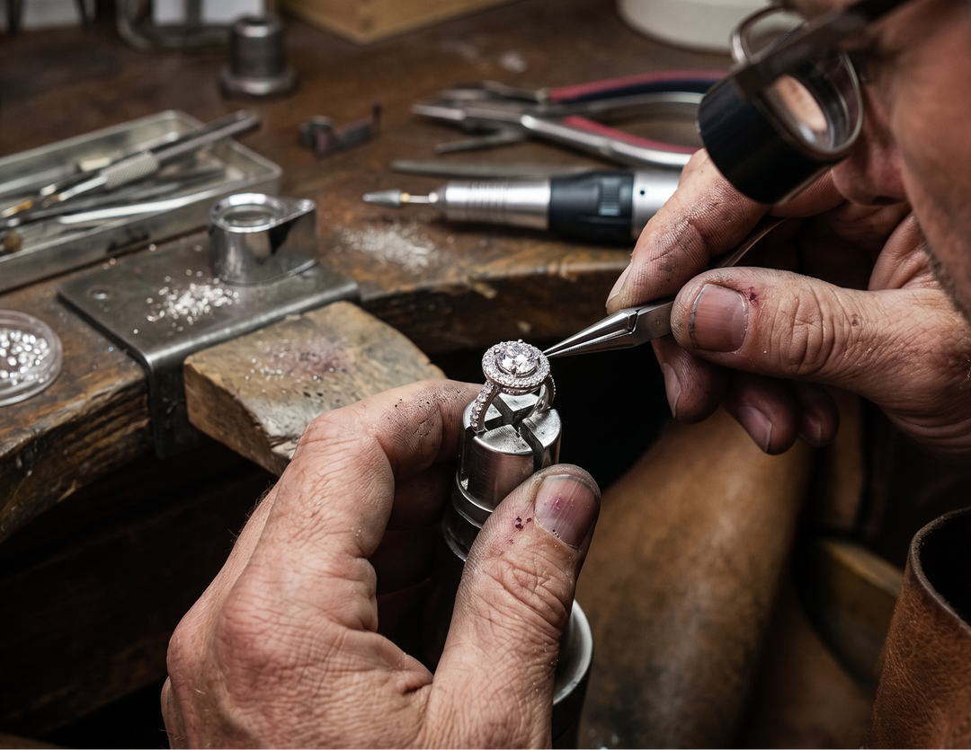 Jeweler working on a moissanite  ring in a workshop setting
