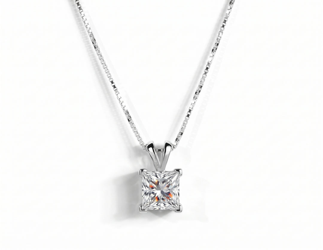 Shoot of princess cut 1 carat moissanite necklace with italian chain