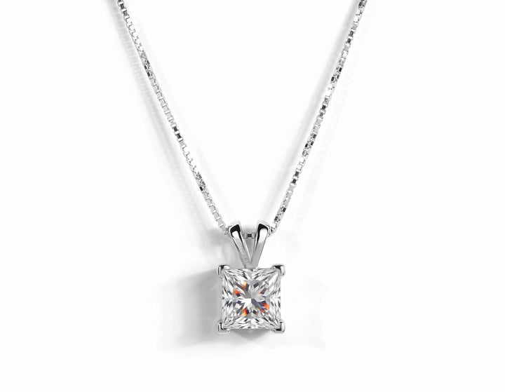 Shoot of princess cut 1 carat moissanite necklace with italian chain