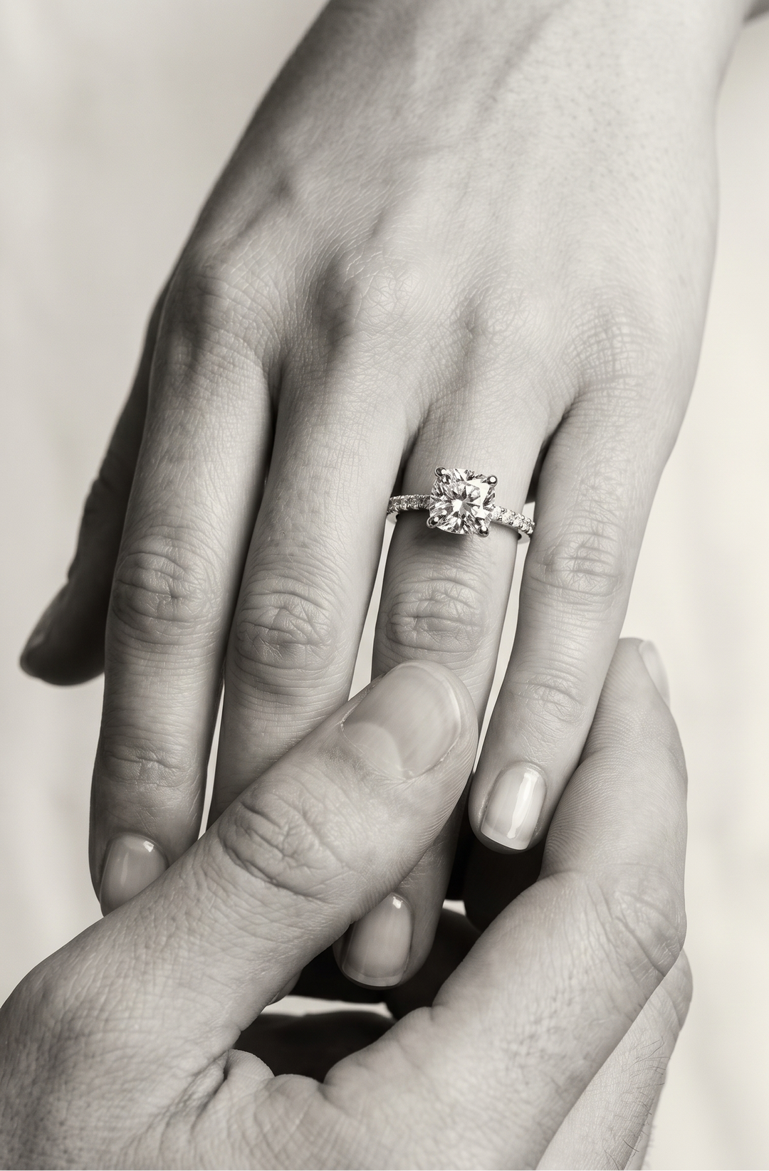 Wmen wearing a proposal ring in cushion cut moissanite