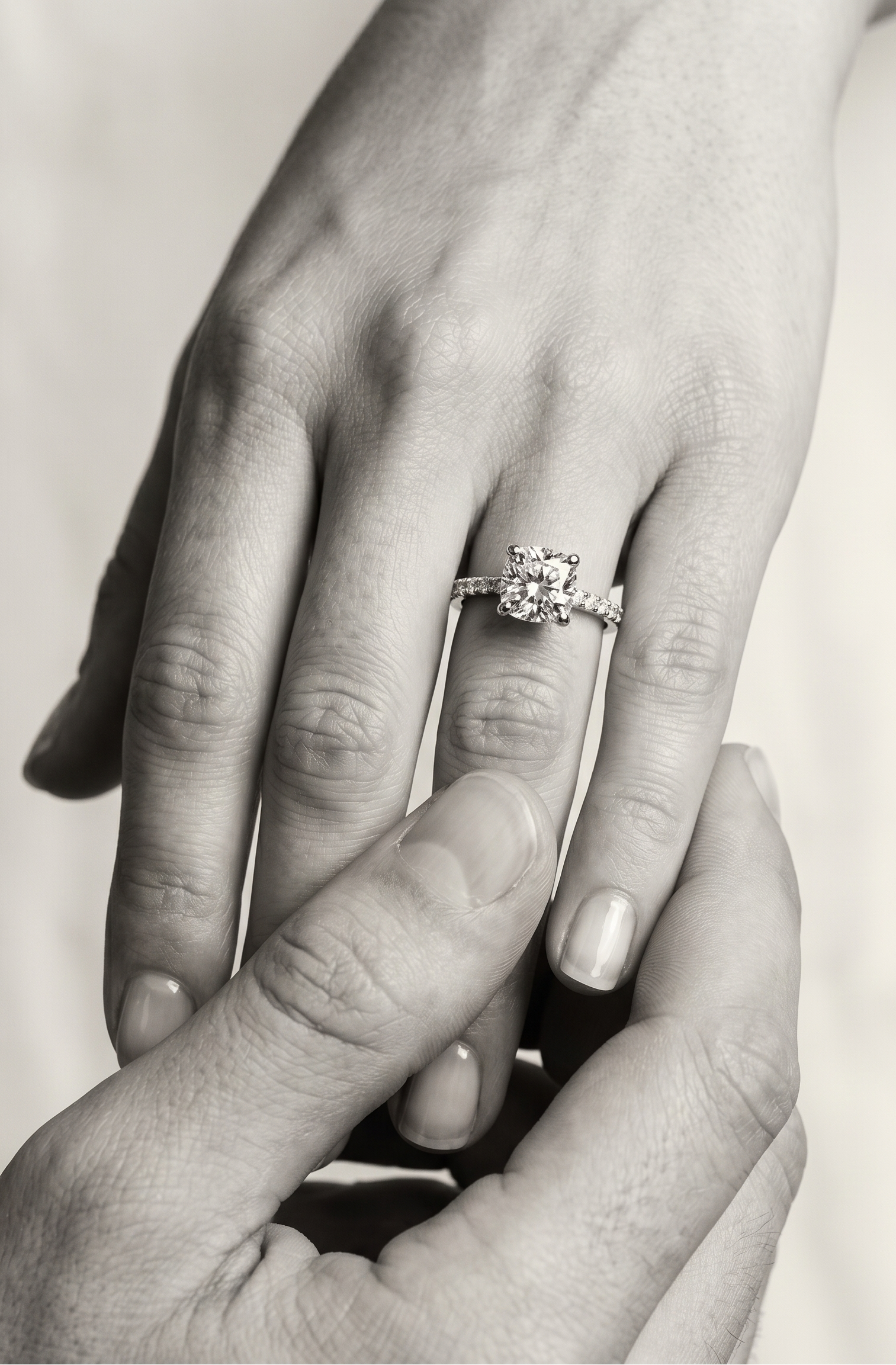 Wmen wearing a proposal ring in cushion cut moissanite