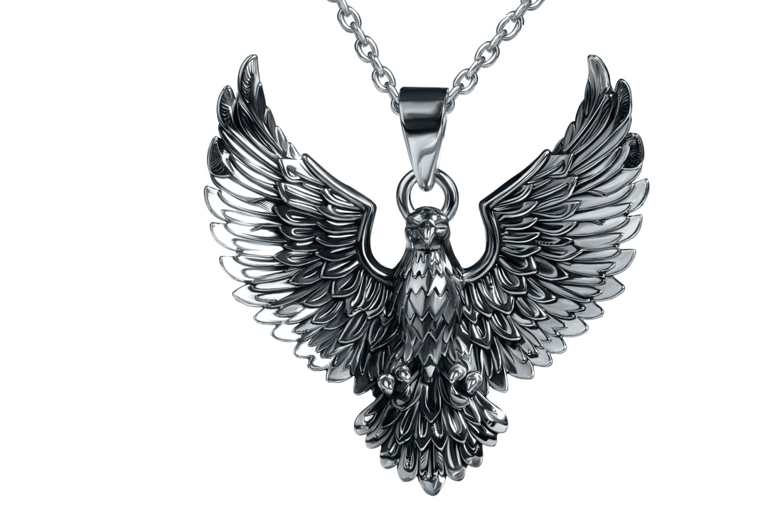Silver eagle silver pendant necklace on a white background for men