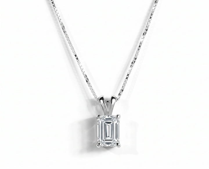 Eco Wonder Necklace by Zanvari — 1ct emerald cut moissanite solitaire pendant with four corner prongs on a 925 sterling silver box chain