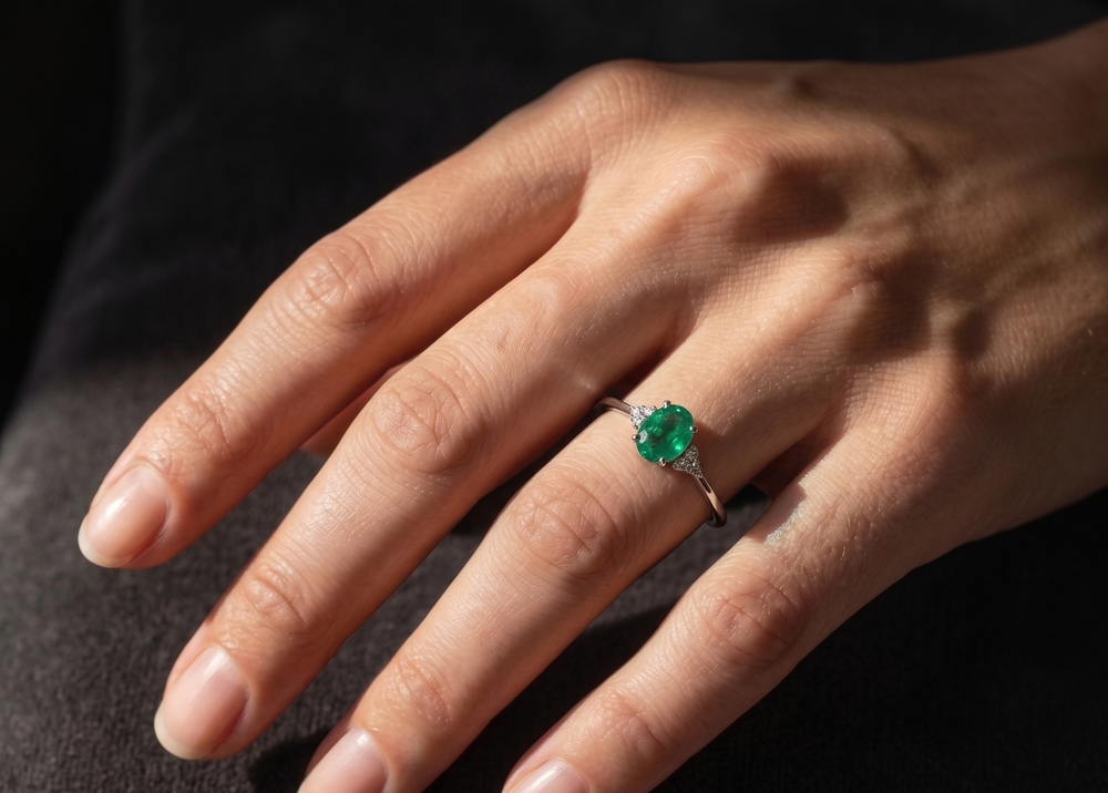 A sophisticated close-up shot of an elegant woman's hand resting on a dark, textured surface. She is wearing a delicate silver ring on her ring finger, featuring a scaled-down oval-cut emerald flanked by tiny diamond clusters. Deep, realistic shadows and sunlight highlight the ring and natural skin texture.