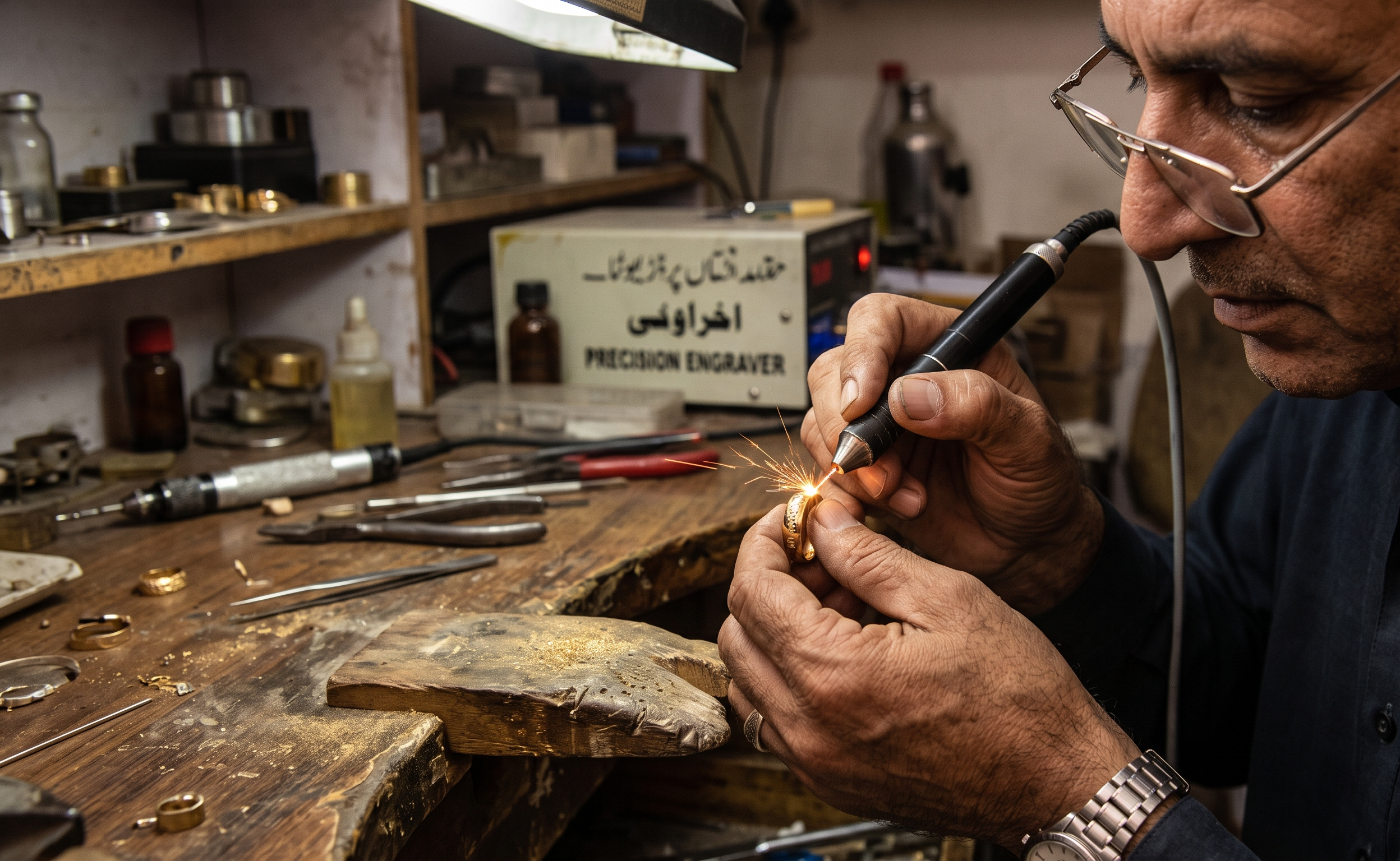 A close-up of a jeweler's hands using a precision diamond engraver on a piece of gold jewelry, with tools and equipment visible on a workbench in the background.