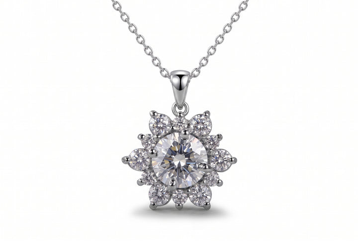Moissanite necklace in 925 silver showcased on white background