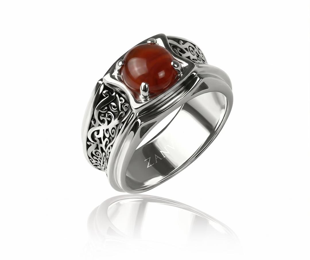 Men's gold-plated 925 sterling silver ring with a hand-engraved floral band and an oval natural Yemeni aqeeq stone.