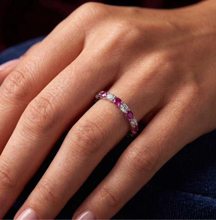 Close-up of the Love of Eternity Ring by Zanvari Pakistan — natural ruby and moissanite alternating band in 925 sterling silver.