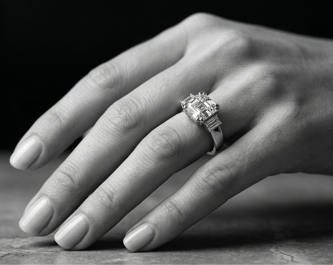 Hand wearing an asscher cut moissanite silver ring on a dark background