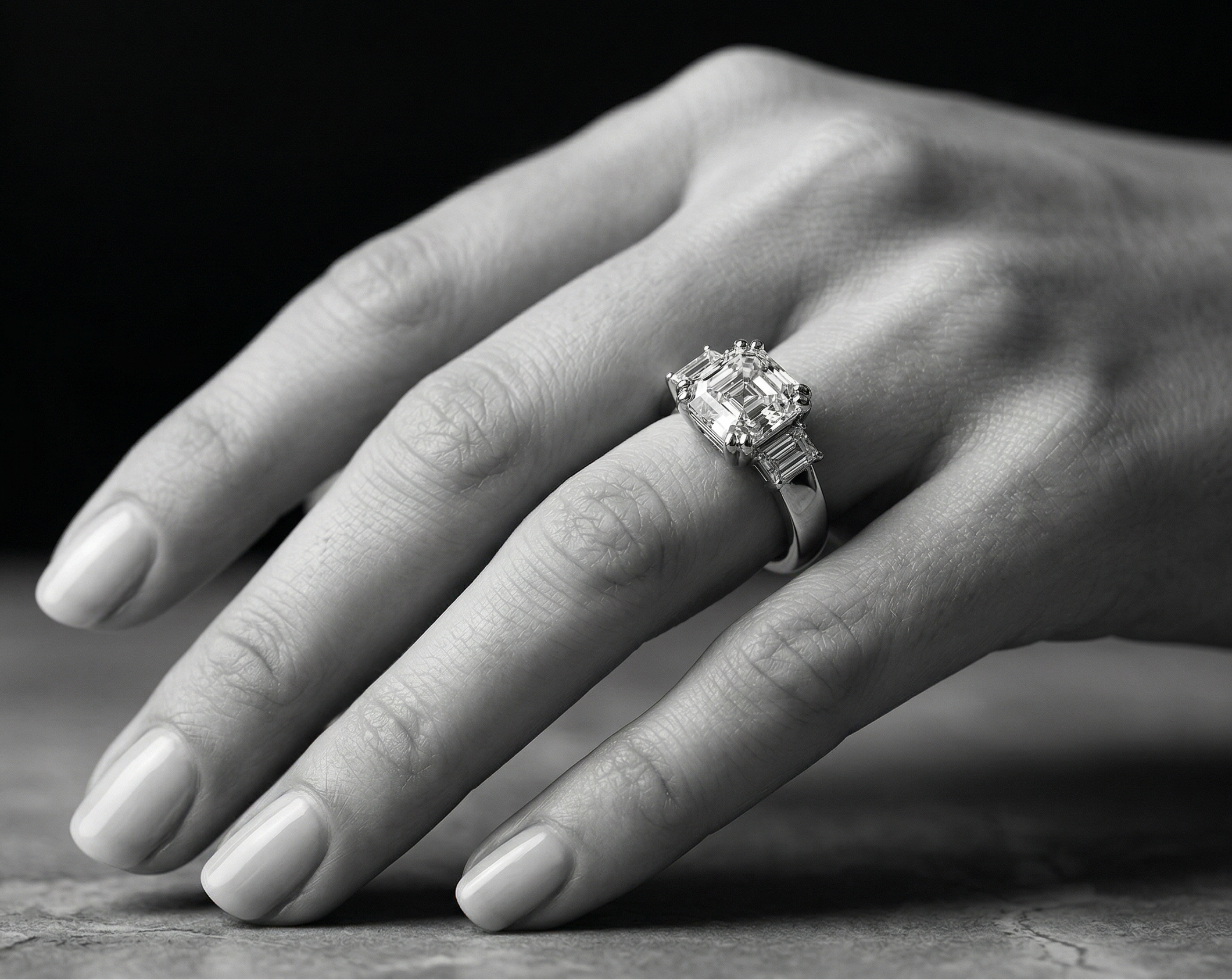 Hand wearing an asscher cut moissanite silver ring on a dark background