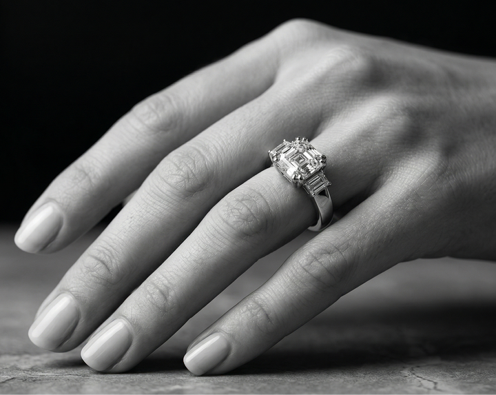 Hand wearing an asscher cut moissanite silver ring on a dark background
