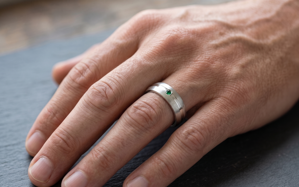 A close-up of a person's hand wearing a silver band ring with a small green emerald gemstone, resting on a dark slate surface.