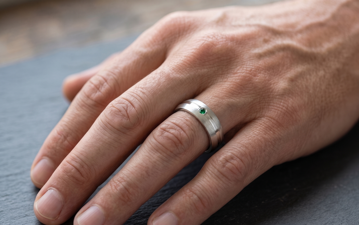 A close-up of a person's hand wearing a silver band ring with a small green emerald gemstone, resting on a dark slate surface.