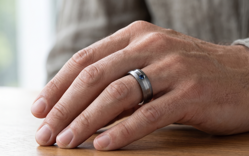 Man's hand wearing a brushed 925 silver men's ring with a bezel-set natural blue sapphire, resting on a wooden table.