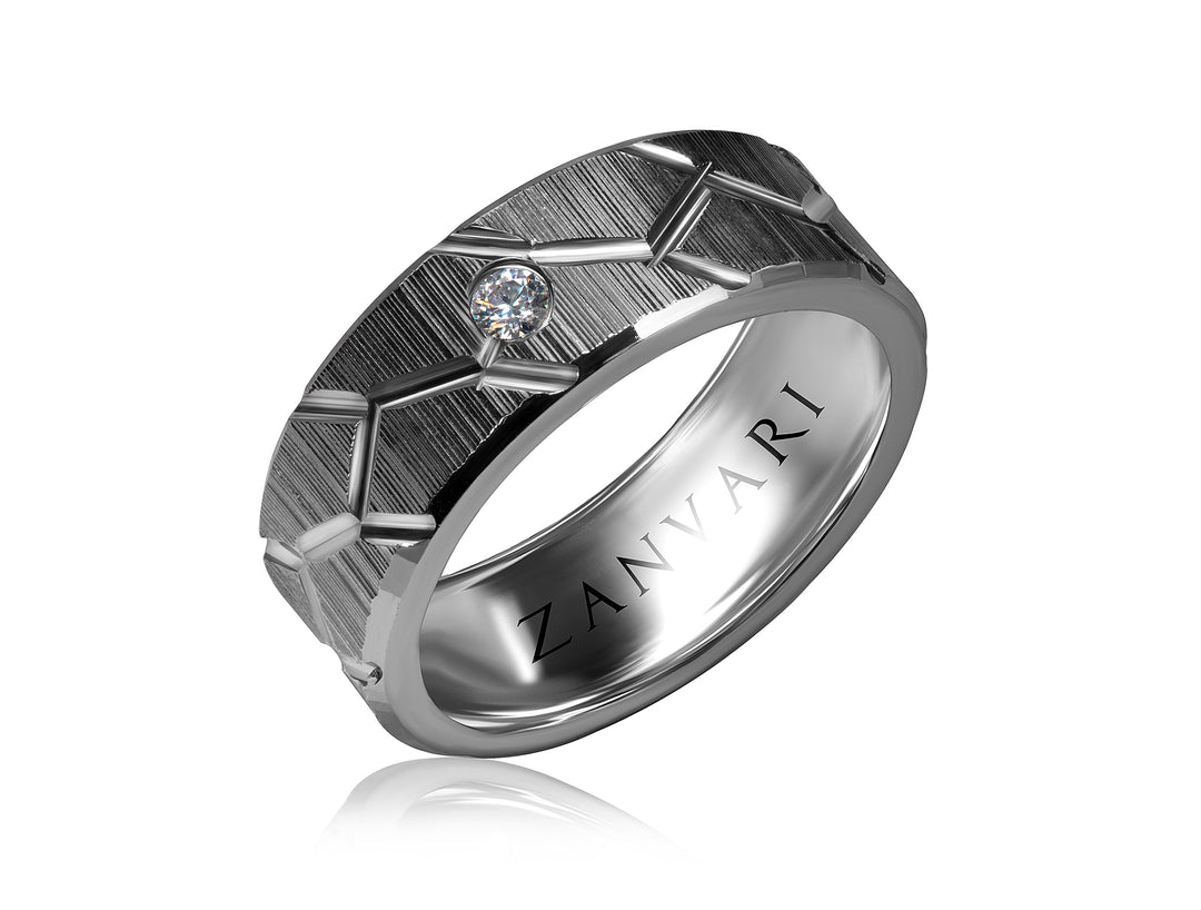 Men’s architectural sterling silver ring with geometric engraved texture and single brilliant accent stone