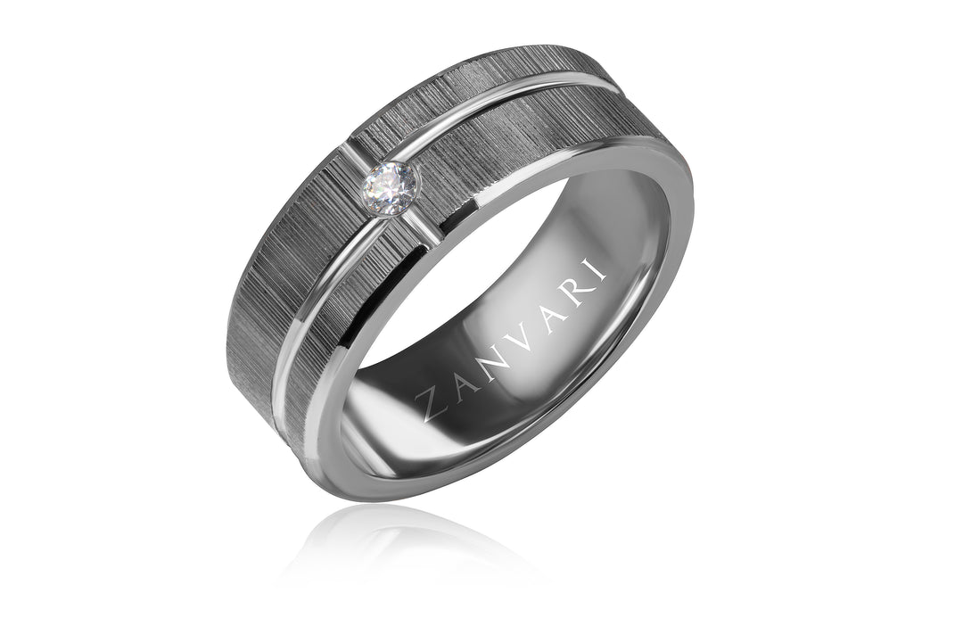 Handcrafted men’s band ring in 925 sterling silver with matte finish and 2.5mm moissanite alternative stone