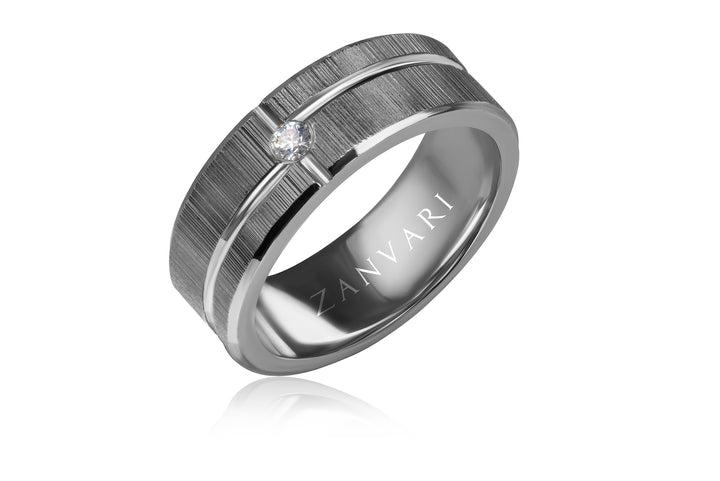 Handcrafted men’s band ring in 925 sterling silver with matte finish and 2.5mm moissanite alternative stone