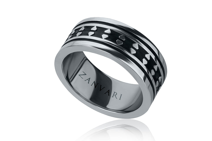 Silver ring with black pattern and 'ZANVARI' branding on a white background