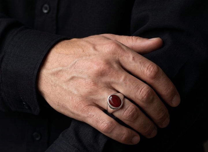 A close-up of a man's hand wearing a silver-toned ring with a oval red yemini cabochon stone, set against a dark shirt background.