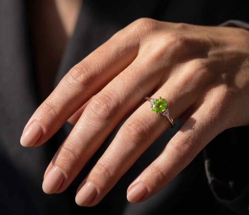 A close-up of a hand wearing a silver  ring with a round green peridot center stone and small clear accent stones on the shoulders, set against a dark gray background.