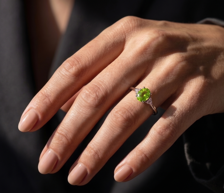 A close-up of a hand wearing a silver  ring with a round green peridot center stone and small clear accent stones on the shoulders, set against a dark gray background.