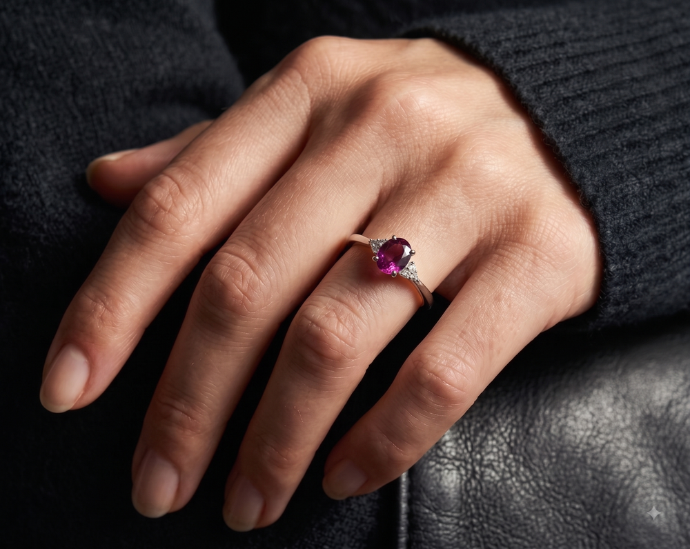 A close-up of a woman's hand wearing a delicate silver ring with an oval ruby center stone and diamond side accents, resting against a dark leather surface.