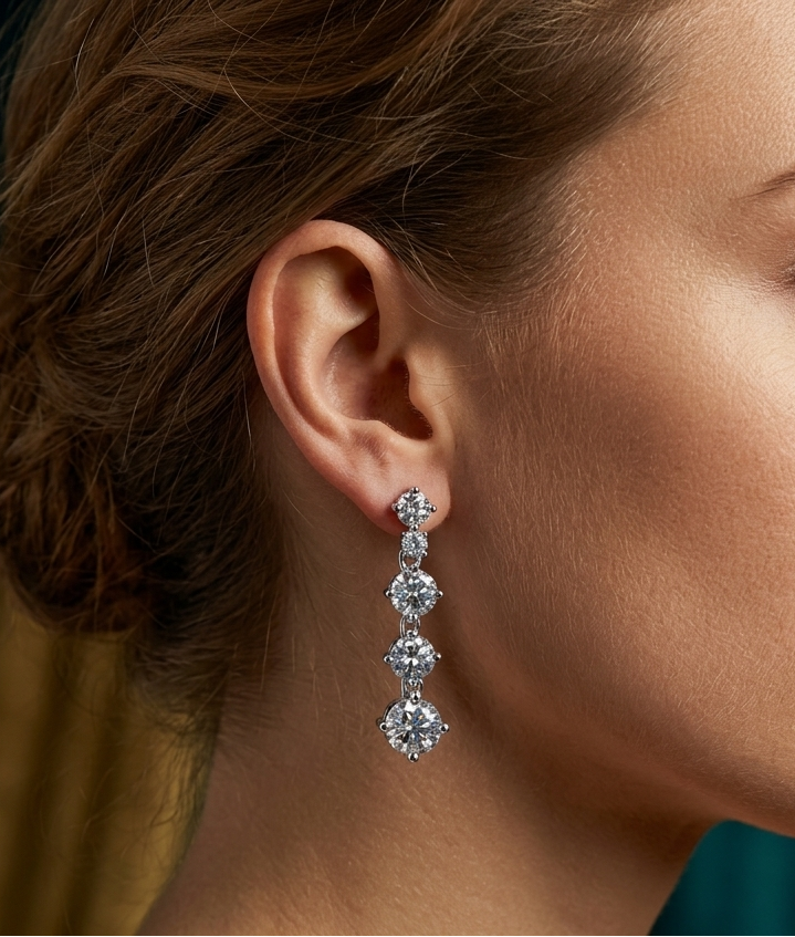 Close-up of a woman wearing moissanite  earrings with a blurred background