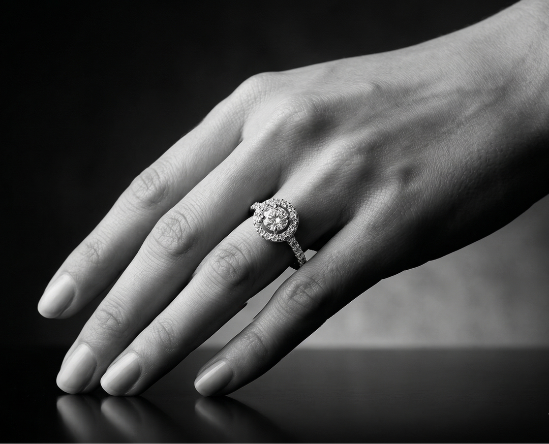 Close-up of a hand wearing a moissanite ring on a dark background