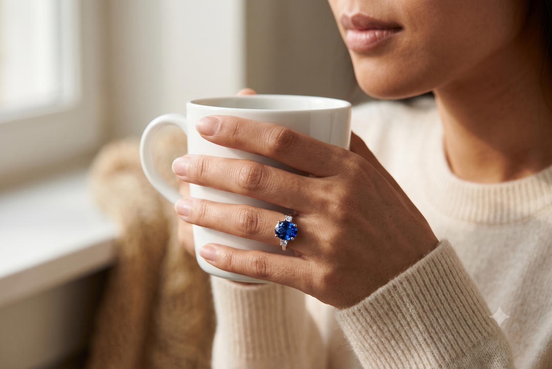 A close-up lifestyle shot of a person holding a white ceramic mug near a window, wearing a silver ring with a large deep blue oval gemstone.