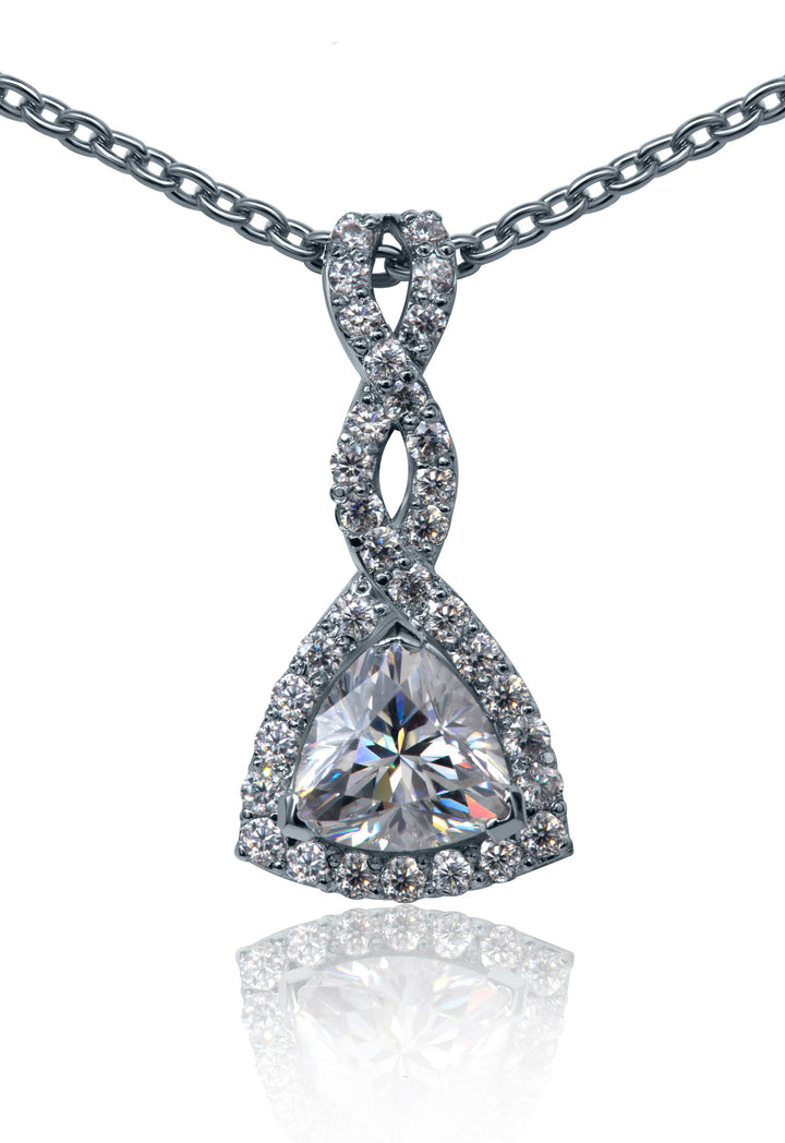 Elegant rhodium-plated silver pendant featuring a handcrafted infinity loop adorned with pavé stones and a rare trillion-cut moissanite at the center, hanging from a sleek silver chain.