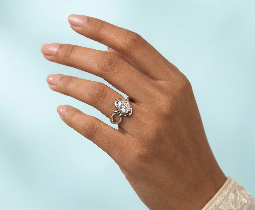 Hand wearing a moissanite ring on a light blue background