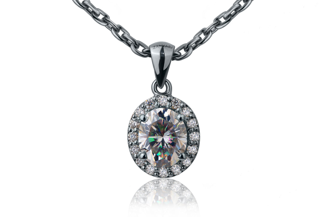 4 carat oval shaped moissanite in 925 silver with accent moissanite and sterling silver chain handcrafted by Zanvari's skilled craftsmen 